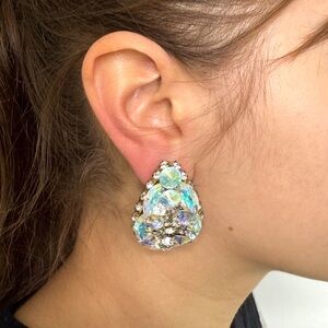 retro vintage iridescent crystals and silver tone cluster clip on earrings